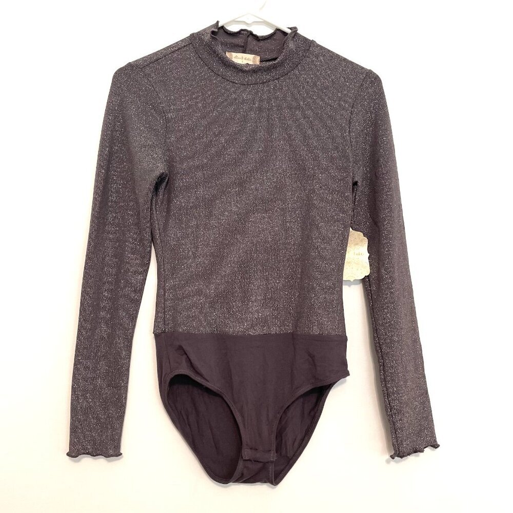 NEW NWT ALTAR'D STATE Taupe Purple Gray Metallic Long Sleeve Mock Neck Bodysuit